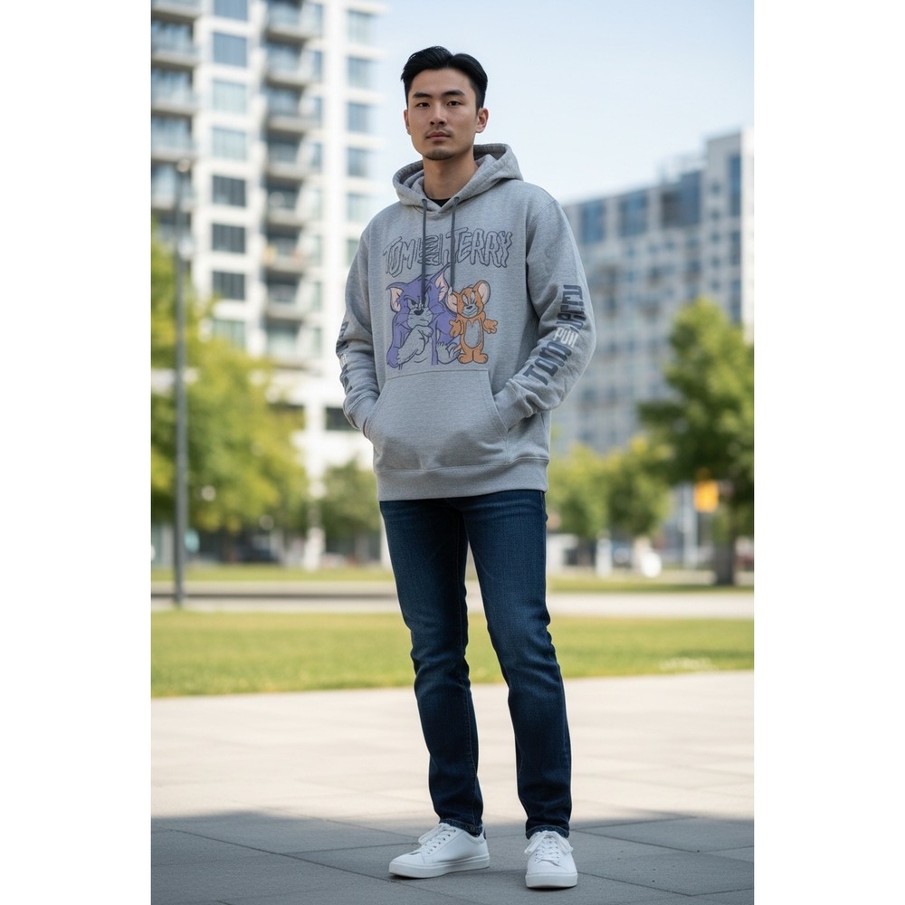 Tom and Jerry Graphic Hoodie Gray Heather Pullover Cartoon Cat Mouse Mens Medium
